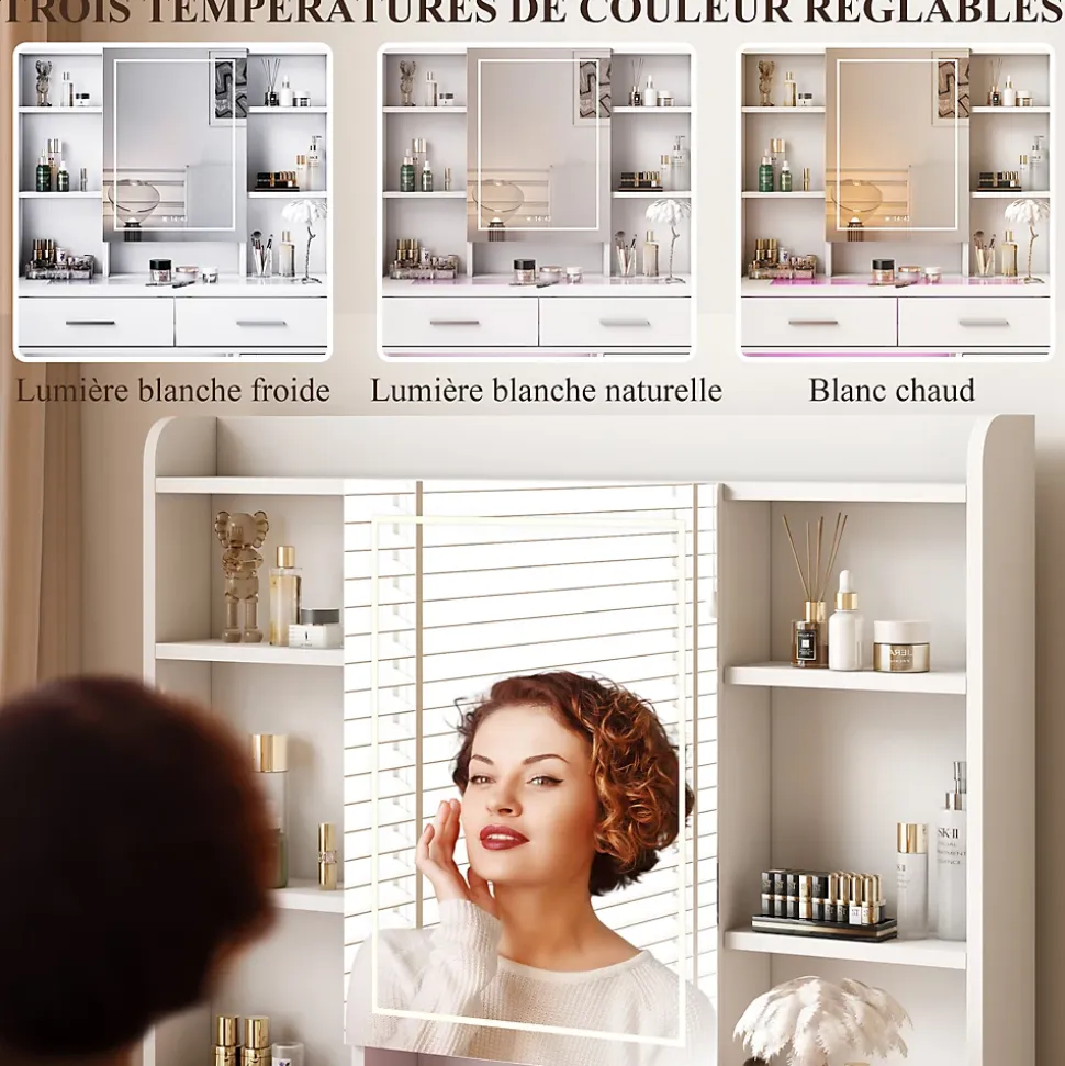 Coiffeuse avec plateau en verre trempé, prise électrique intégrée et support sèche-cheveux, Table de maquillage moderne