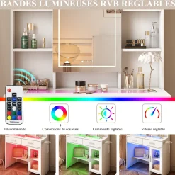 Coiffeuse avec plateau en verre trempé, prise électrique intégrée et support sèche-cheveux, Table de maquillage moderne