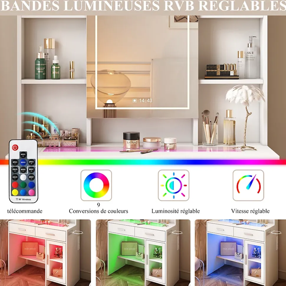 Coiffeuse avec plateau en verre trempé, prise électrique intégrée et support sèche-cheveux, Table de maquillage moderne