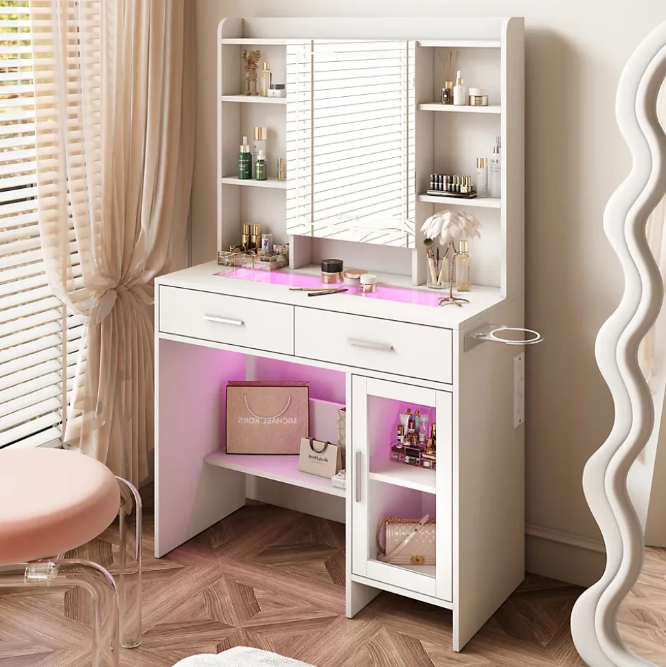Coiffeuse avec plateau en verre trempé, prise électrique intégrée et support sèche-cheveux, Table de maquillage moderne
