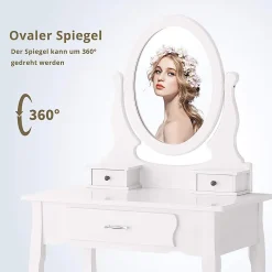Coiffeuse, avec Tabouret, 1 miroirs, Miroir Pivotant et 3 tiroirs, Idéale pour Enfants et Adultes, Blanc