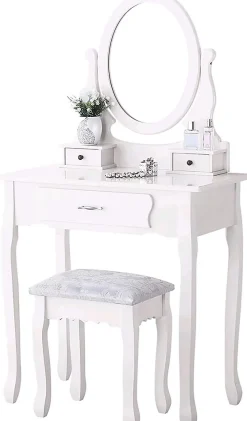 Coiffeuse, avec Tabouret, 1 miroirs, Miroir Pivotant et 3 tiroirs, Idéale pour Enfants et Adultes, Blanc