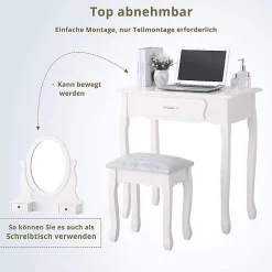 Coiffeuse, avec Tabouret, 1 miroirs, Miroir Pivotant et 3 tiroirs, Idéale pour Enfants et Adultes, Blanc
