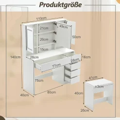 Coiffeuse avec tabouret, éclairage et miroir blanc, table de maquillage et toilette