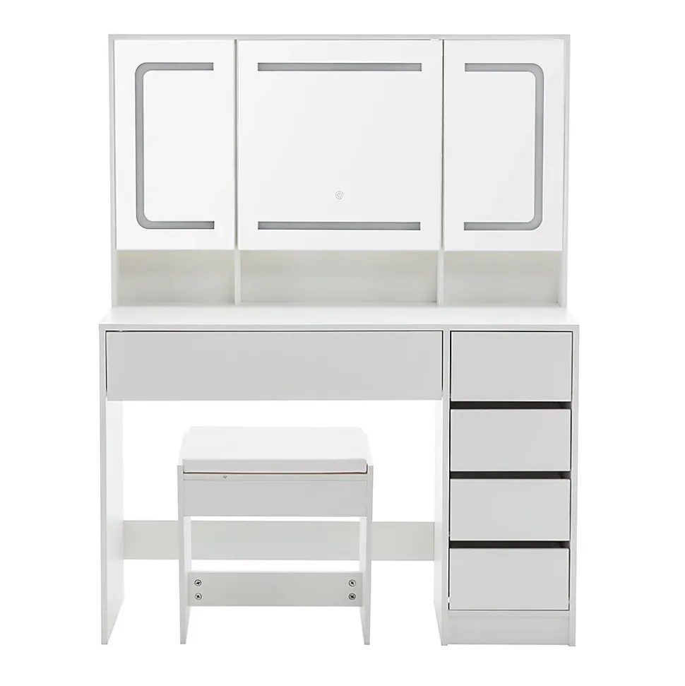 Coiffeuse avec tabouret, éclairage et miroir blanc, table de maquillage et toilette