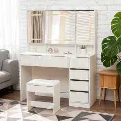 Coiffeuse avec tabouret, éclairage et miroir blanc, table de maquillage et toilette