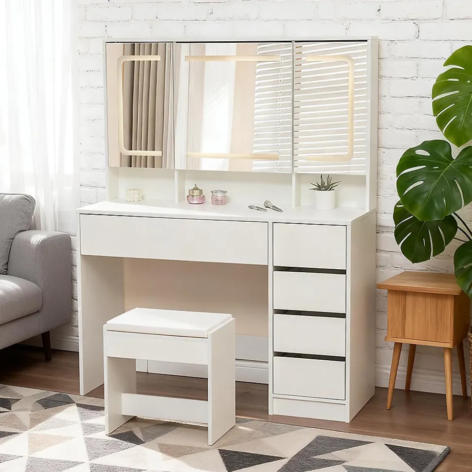 Coiffeuse avec tabouret, éclairage et miroir blanc, table de maquillage et toilette