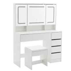 Coiffeuse avec tabouret, éclairage et miroir blanc, table de maquillage et toilette