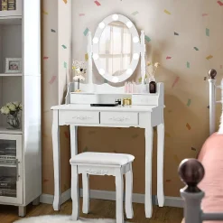 Coiffeuse avec Tabouret et Miroir Lumière LED 3 Couleurs Table de Maquillage 2 en 1 avec 4 Tiroirs et étagère de Rangement
