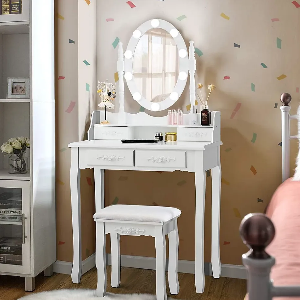 Coiffeuse avec Tabouret et Miroir Lumière LED 3 Couleurs Table de Maquillage 2 en 1 avec 4 Tiroirs et étagère de Rangement