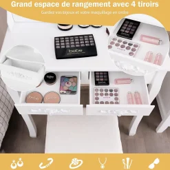Coiffeuse avec Tabouret et Miroir Lumière LED 3 Couleurs Table de Maquillage 2 en 1 avec 4 Tiroirs et étagère de Rangement