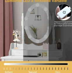 Coiffeuse avec Tabouret et Miroir Lumière LED 3 Couleurs Table de Maquillage 2 en 1 avec 4 Tiroirs et étagère de Rangement