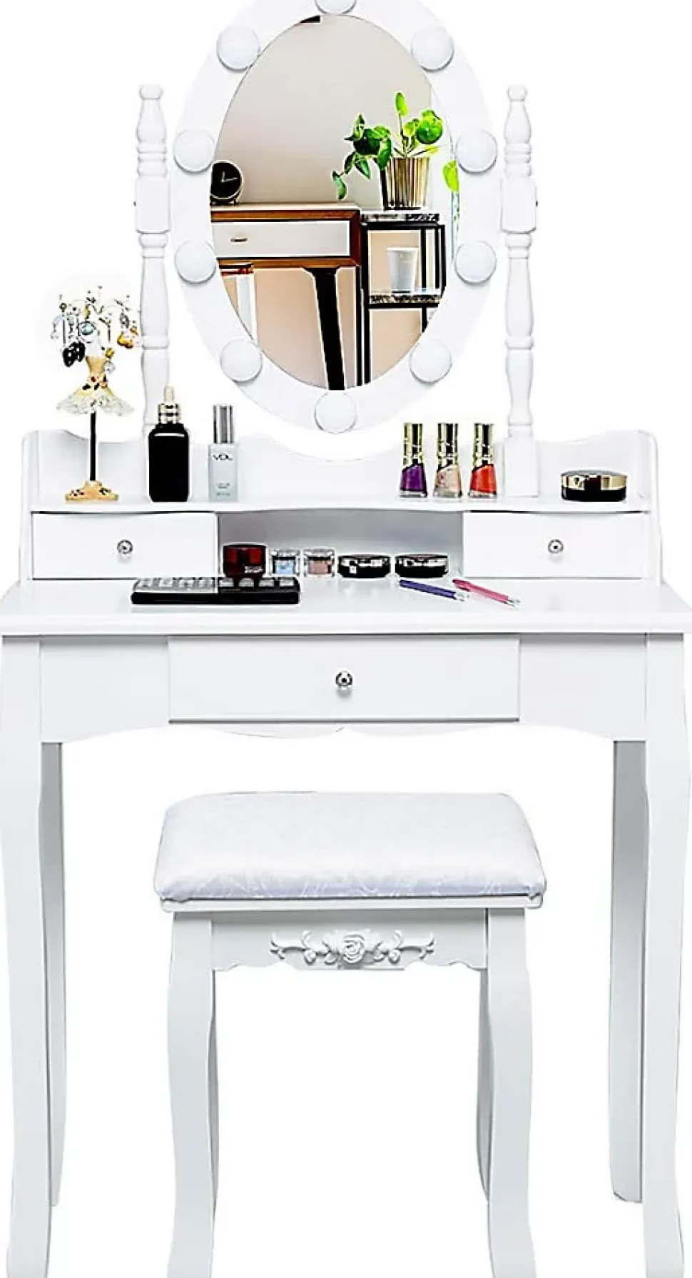 Coiffeuse avec Tabouret et Miroir Amovible, 10 Lumières LED, Table de Maquillage 2 en 1 avec 4 Tiroirs, Blanc
