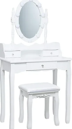 Coiffeuse avec Tabouret et Miroir Amovible, 10 Lumières LED, Table de Maquillage 2 en 1 avec 4 Tiroirs, Blanc