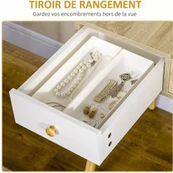 Coiffeuse avec tabouret style scandinave - 2 tiroirs, compartiment porte miroir - panneaux aspect chêne clair blanc