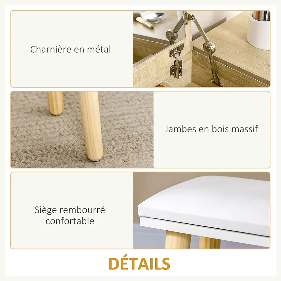 Coiffeuse avec tabouret style scandinave - 2 tiroirs, compartiment porte miroir - panneaux aspect chêne clair blanc