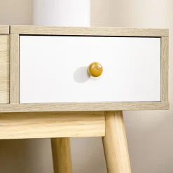 Coiffeuse avec tabouret style scandinave - 2 tiroirs, compartiment porte miroir - panneaux aspect chêne clair blanc