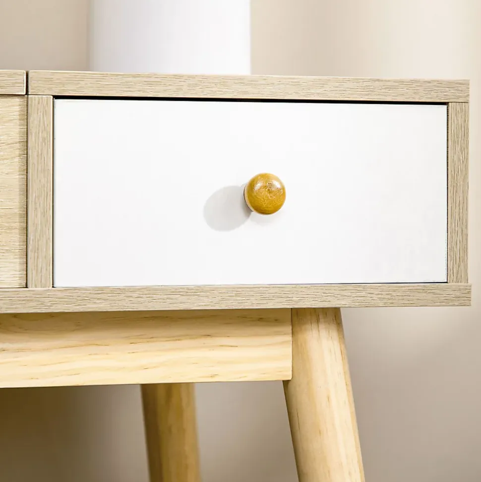Coiffeuse avec tabouret style scandinave - 2 tiroirs, compartiment porte miroir - panneaux aspect chêne clair blanc