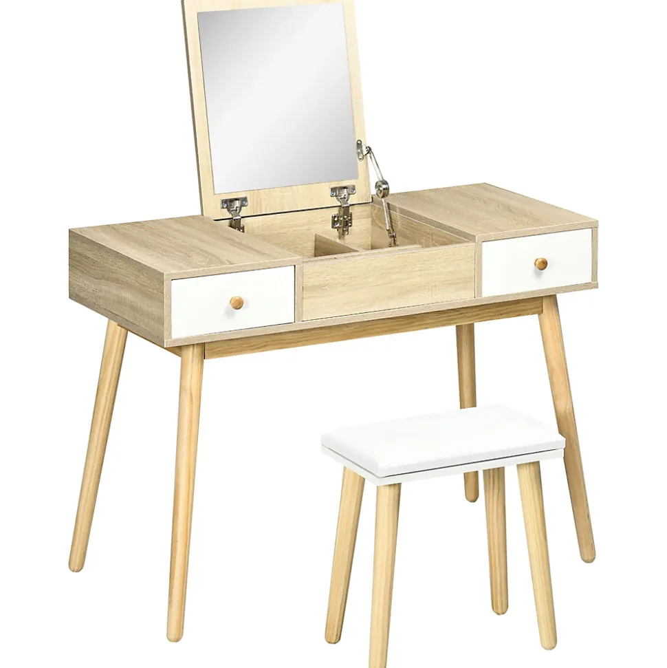 Coiffeuse avec tabouret style scandinave - 2 tiroirs, compartiment porte miroir - panneaux aspect chêne clair blanc