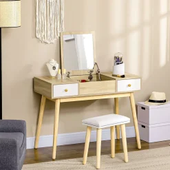 Coiffeuse avec tabouret style scandinave - 2 tiroirs, compartiment porte miroir - panneaux aspect chêne clair blanc