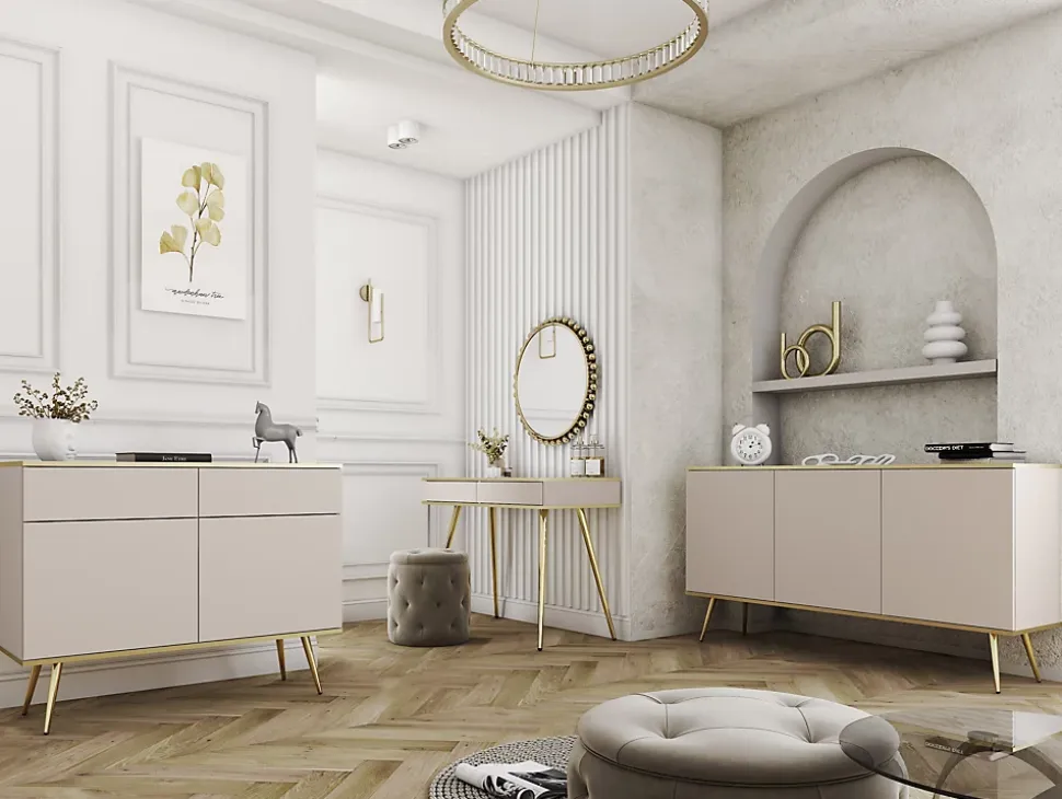 Coiffeuse, beige, pieds dorés, 102 x 79 x 50 cm