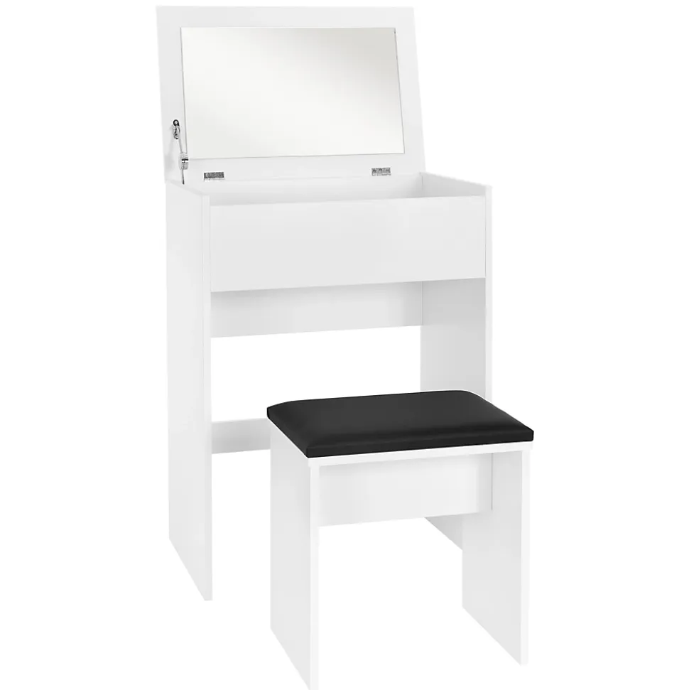 Coiffeuse blanc avec miroir pliable table de maquillage avec tabouret noir MDF