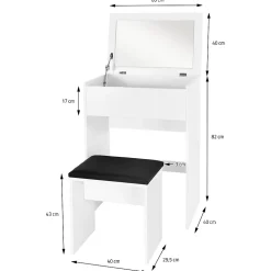 Coiffeuse blanc avec miroir pliable table de maquillage avec tabouret noir MDF