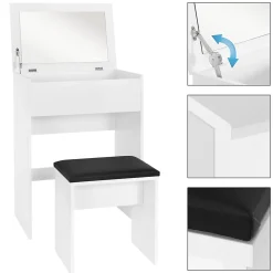 Coiffeuse blanc avec miroir pliable table de maquillage avec tabouret noir MDF