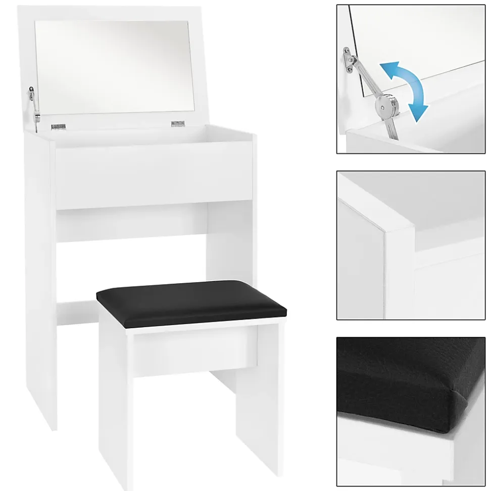 Coiffeuse blanc avec miroir pliable table de maquillage avec tabouret noir MDF