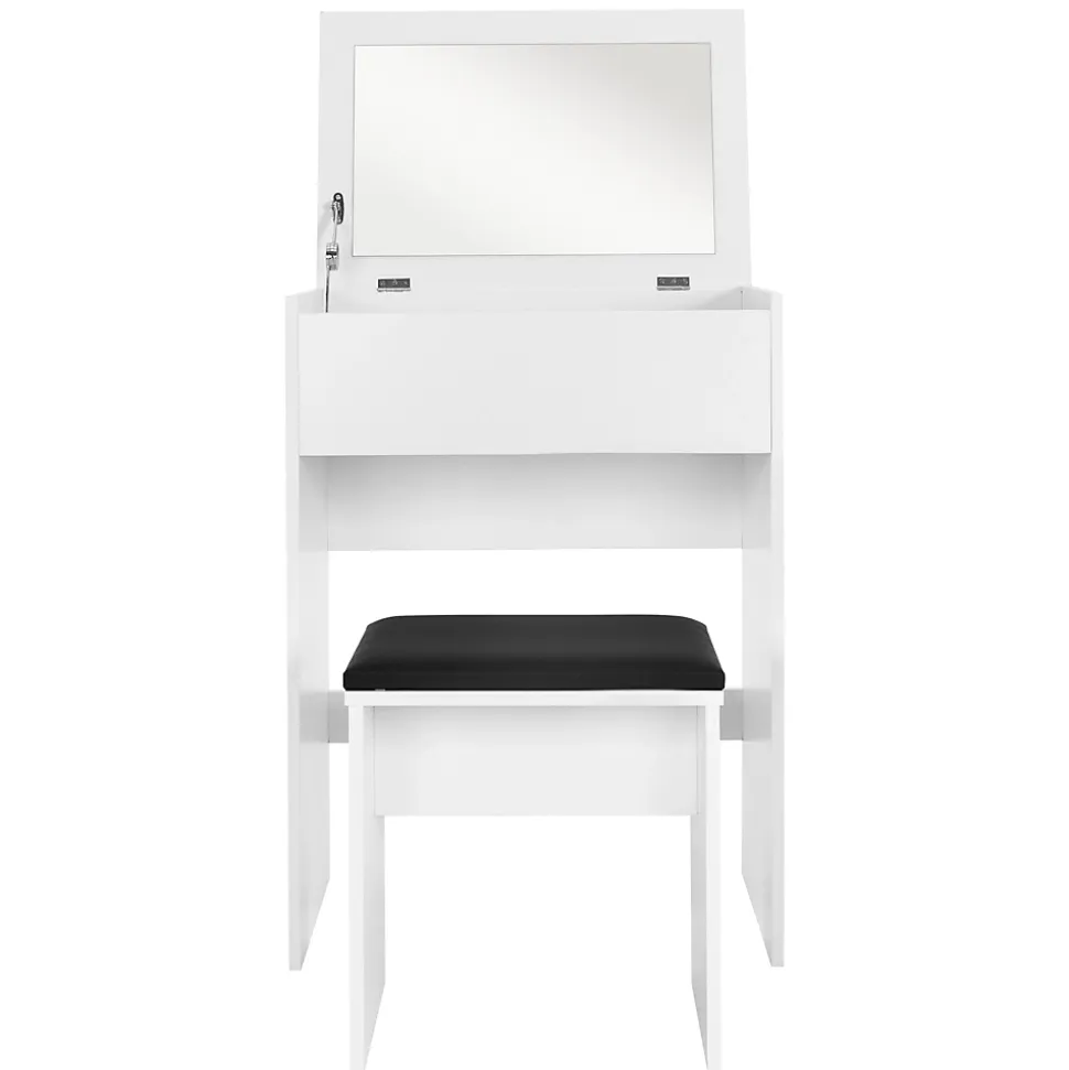 Coiffeuse blanc avec miroir pliable table de maquillage avec tabouret noir MDF