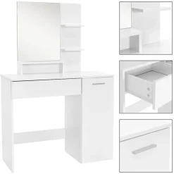 Coiffeuse blanc avec miroir et deux étagères ouvertes table de maquillage en MDF