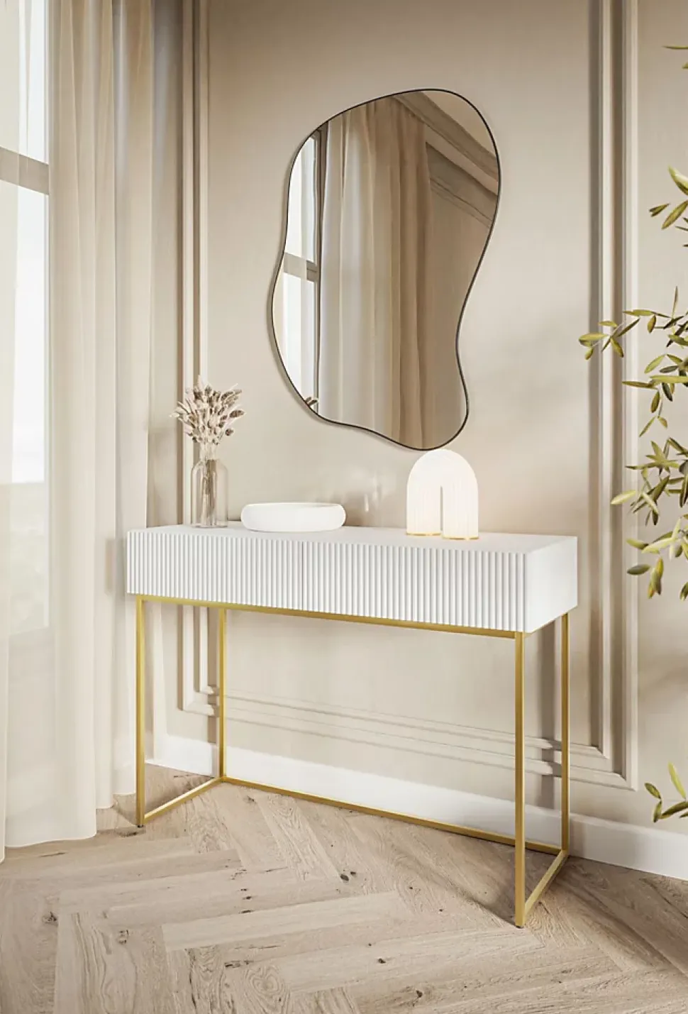 Coiffeuse blanc pieds dorés 110 cm VELDIO