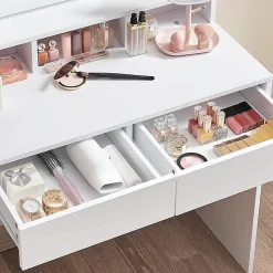 Coiffeuse blanche avec miroir à ampoules et 2 tiroirs - L80 x H145 cm