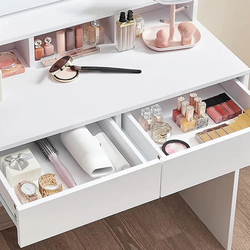Coiffeuse blanche avec miroir à ampoules et 2 tiroirs - L80 x H145 cm