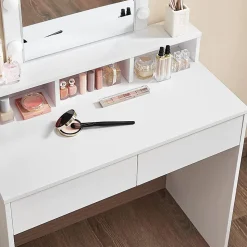 Coiffeuse blanche avec miroir à ampoules et 2 tiroirs - L80 x H145 cm