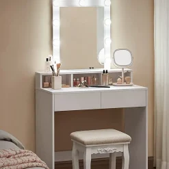 Coiffeuse blanche avec miroir à ampoules et 2 tiroirs - L80 x H145 cm