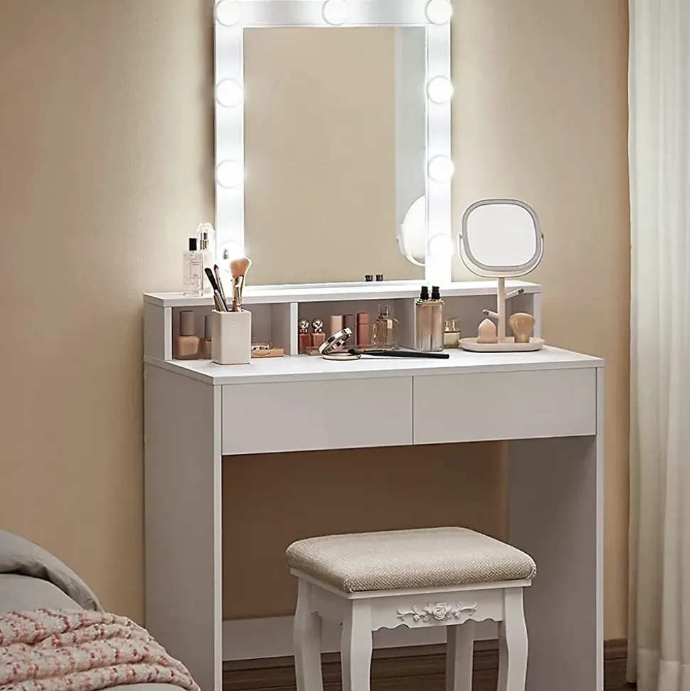 Coiffeuse blanche avec miroir à ampoules et 2 tiroirs - L80 x H145 cm