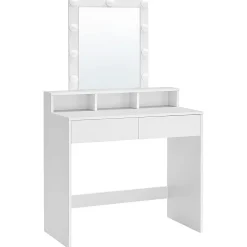 Coiffeuse blanche avec miroir à ampoules et 2 tiroirs - L80 x H145 cm