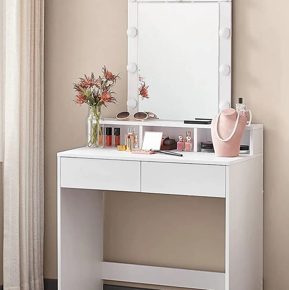 Coiffeuse blanche avec miroir à ampoules et 2 tiroirs - L80 x H145 cm