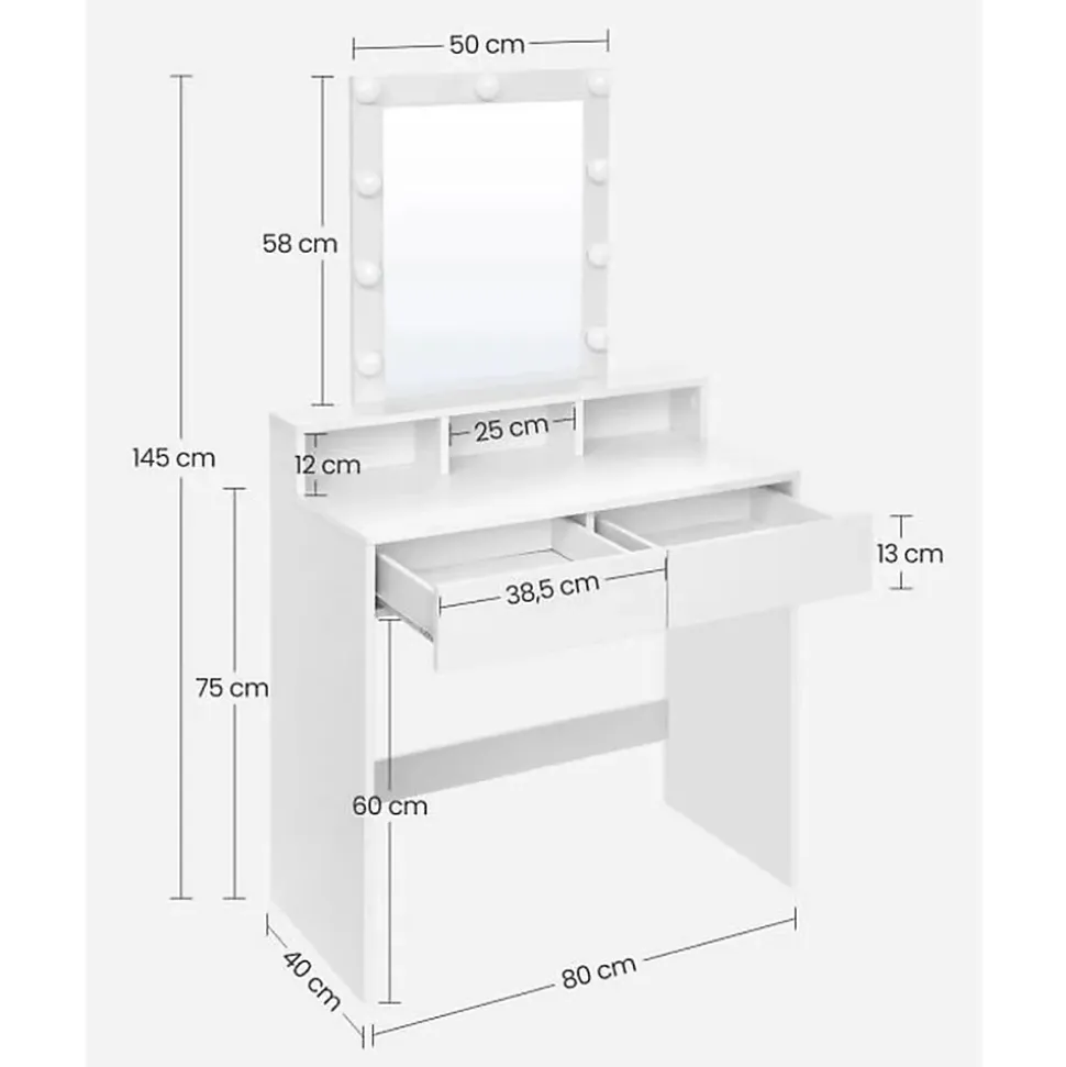 Coiffeuse blanche avec miroir à ampoules et 2 tiroirs - L80 x H145 cm