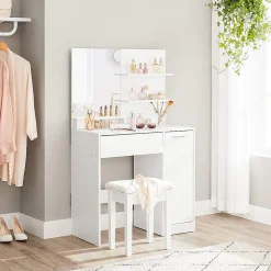 Coiffeuse blanche avec miroir, 1 tiroir, 2 étagères et armoire de rangement - L80 x H132 cm