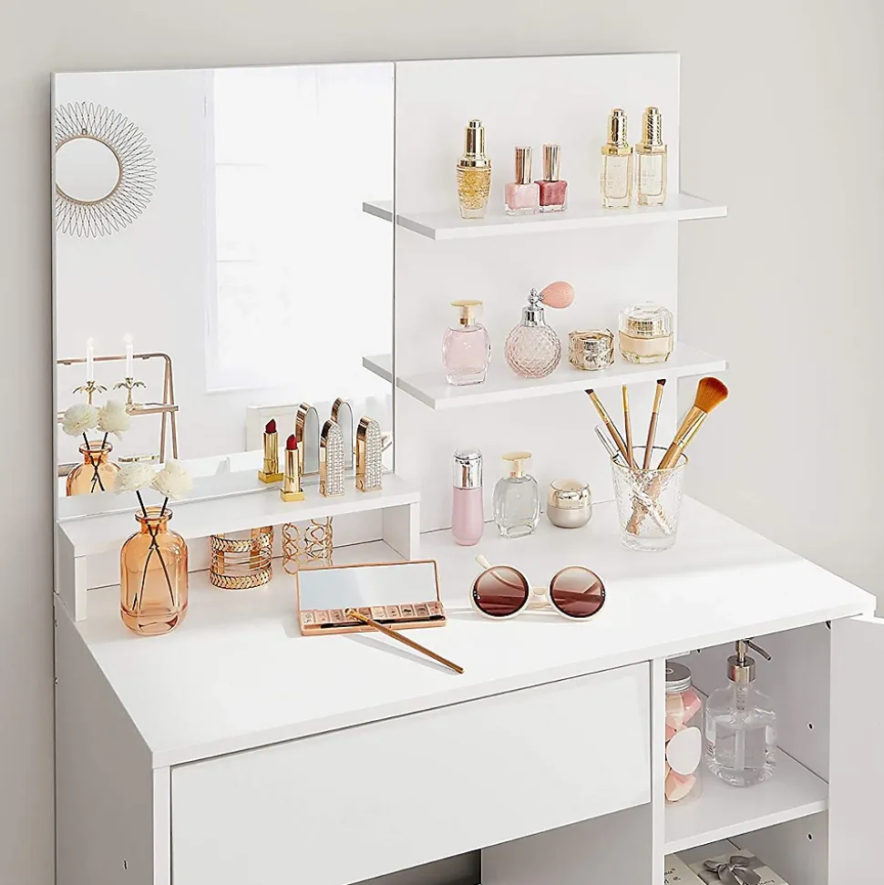 Coiffeuse blanche avec miroir, 1 tiroir, 2 étagères et armoire de rangement - L80 x H132 cm