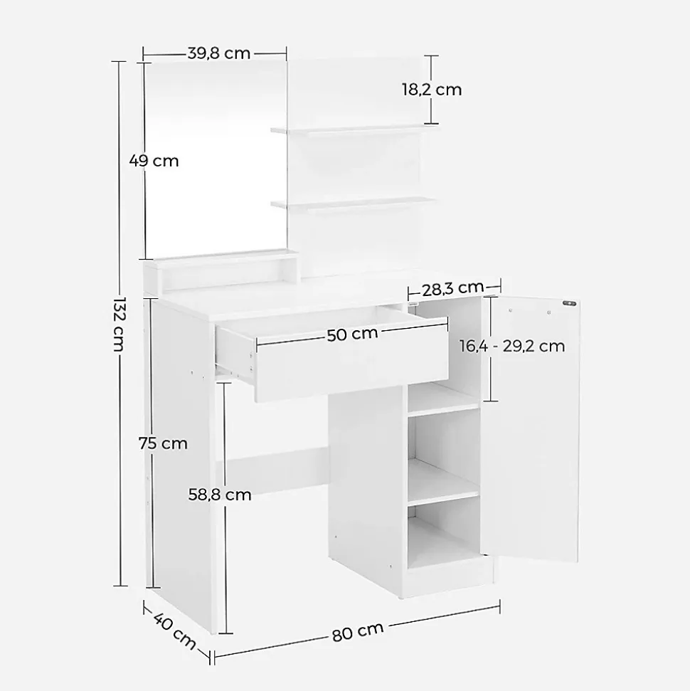 Coiffeuse blanche avec miroir, 1 tiroir, 2 étagères et armoire de rangement - L80 x H132 cm