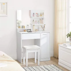Coiffeuse blanche avec miroir, 1 tiroir, 2 étagères et armoire de rangement - L80 x H132 cm