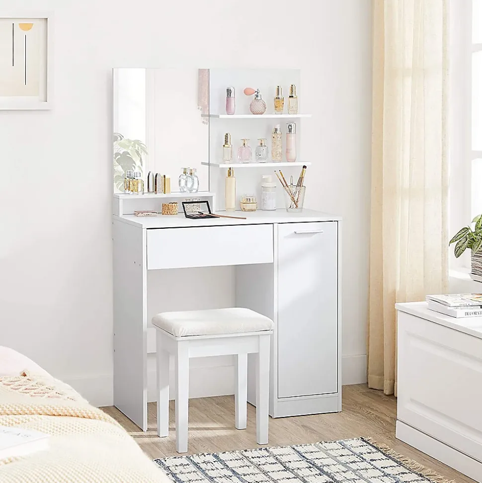 Coiffeuse blanche avec miroir, 1 tiroir, 2 étagères et armoire de rangement - L80 x H132 cm