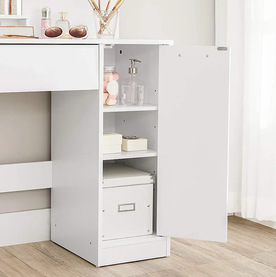 Coiffeuse blanche avec miroir, 1 tiroir, 2 étagères et armoire de rangement - L80 x H132 cm