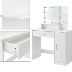 Coiffeuse blanche ML-Design avec éclairage LED miroir tiroir 3 compartiments de rangement bois MDF