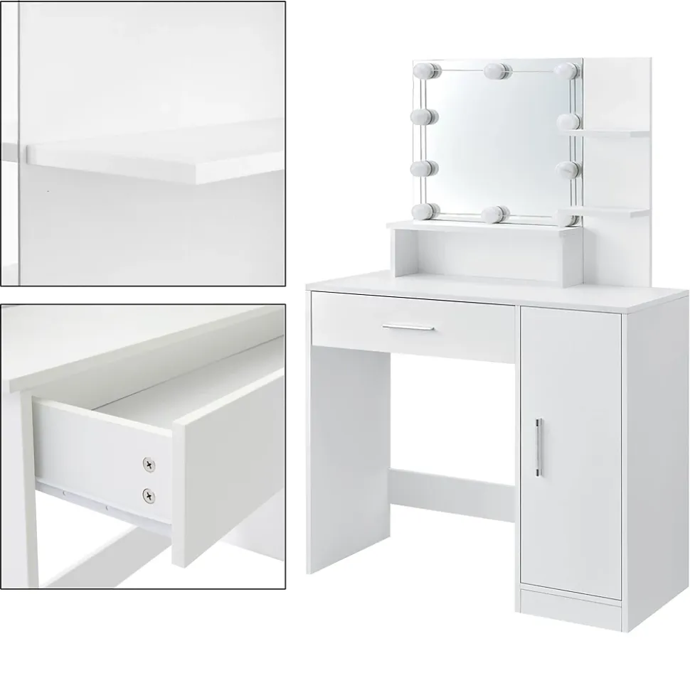 Coiffeuse blanche ML-Design avec éclairage LED miroir tiroir 3 compartiments de rangement bois MDF