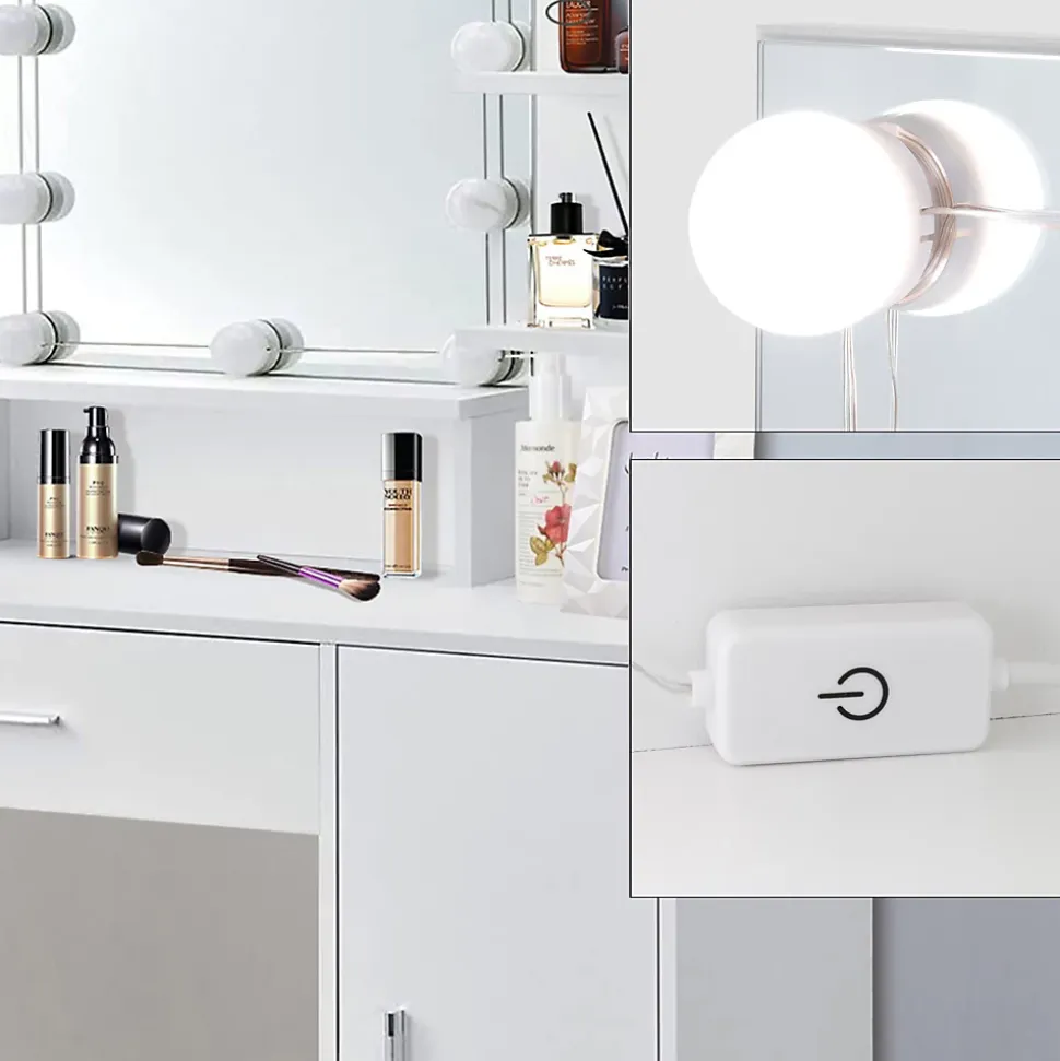 Coiffeuse blanche ML-Design avec éclairage LED miroir tiroir 3 compartiments de rangement bois MDF