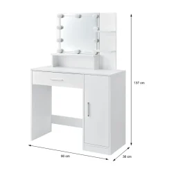 Coiffeuse blanche ML-Design avec éclairage LED miroir tiroir 3 compartiments de rangement bois MDF